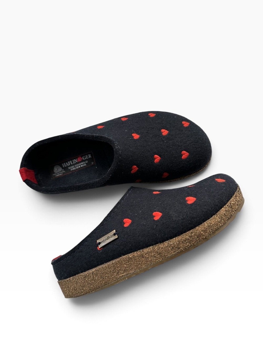 Haflinger • Cuoricini Wool Clogs Navy Red Hearts